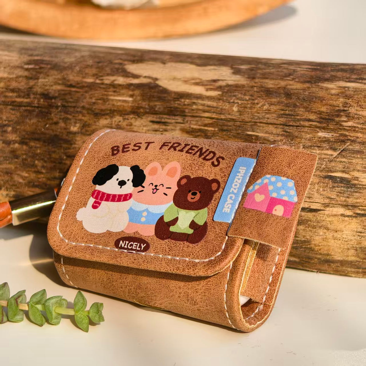 Vintage Best Friends Leather AirPods Case with Wristlet Strap | Cute Dog Bunny Bear Cartoon | Compatible with AirPods 1/2/3/Pro | Retro Aesthetic 2026 Trending
