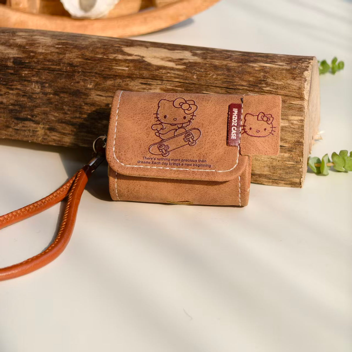 Vintage Skateboard Hello Kitty Leather AirPods Case with Wristlet Strap | Cute Retro Cartoon Cover | Compatible with AirPods 1/2/3/Pro | 2026 Trending Kawaii Accessory