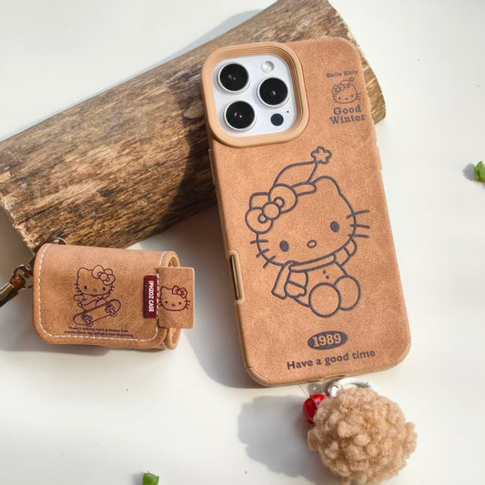 Vintage Hello Kitty Leather iPhone Case & AirPods Case Set with Pom Pom Charm | 2026 Trending Retro Kawaii Winter Accessory | Fits iPhone 12-17 Pro Max & AirPods 1/2/3/Pro