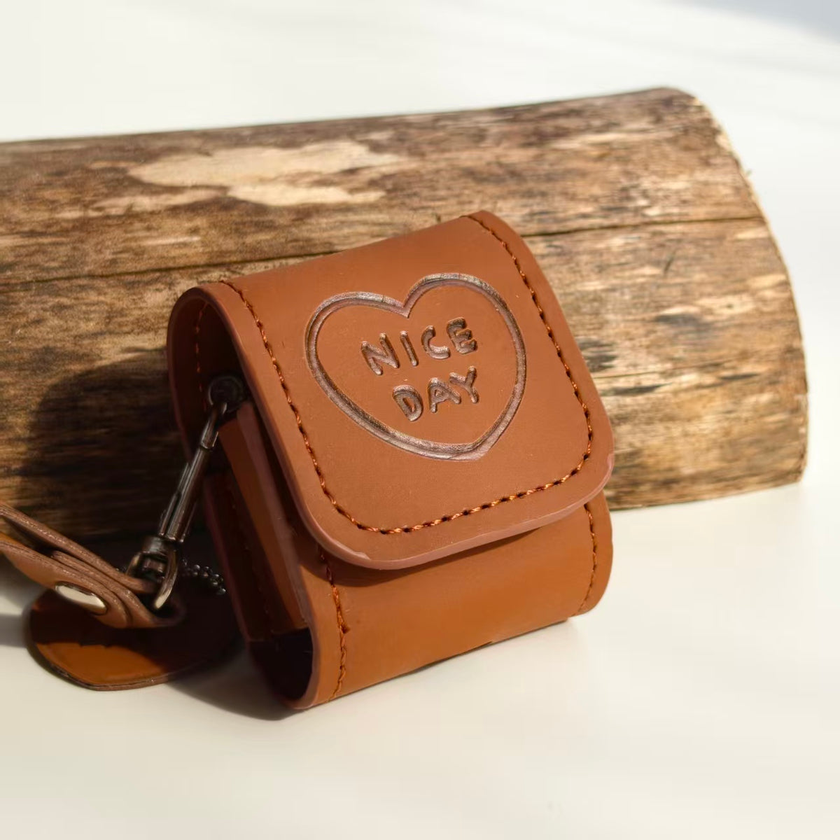 Vintage "NICE DAY" Heart Embossed Leather AirPods Case with Wristlet & Charm | Retro Brown Cover | Compatible with AirPods 1/2/3/Pro | 2026 Trending Aesthetic