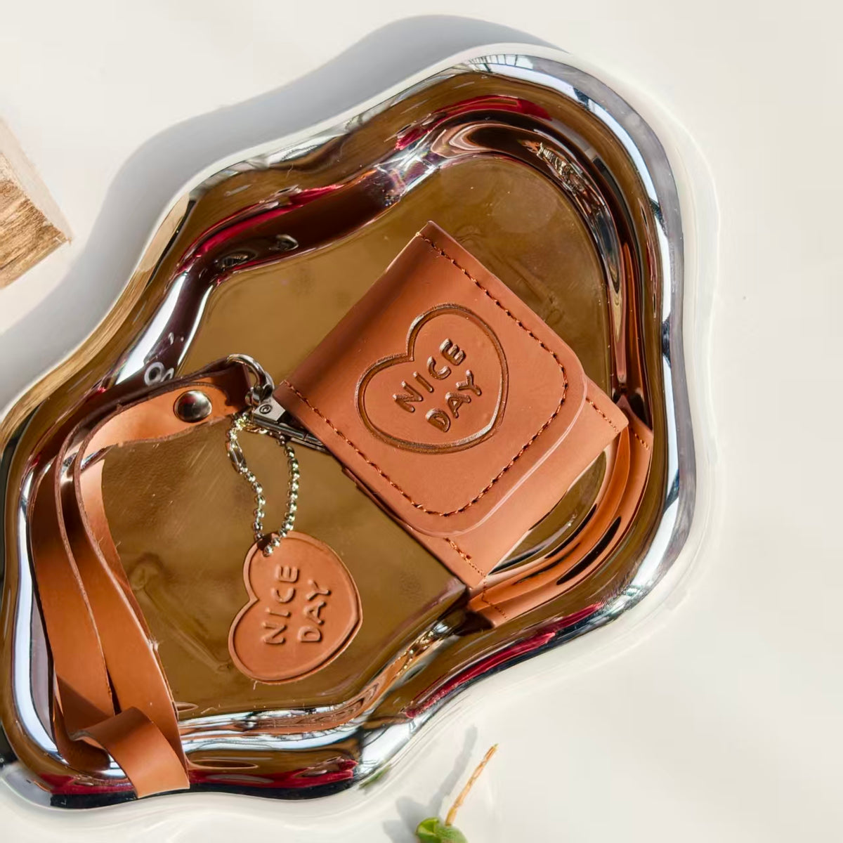 Vintage "NICE DAY" Heart Embossed Leather AirPods Case with Wristlet & Charm | Retro Brown Cover | Compatible with AirPods 1/2/3/Pro | 2026 Trending Aesthetic