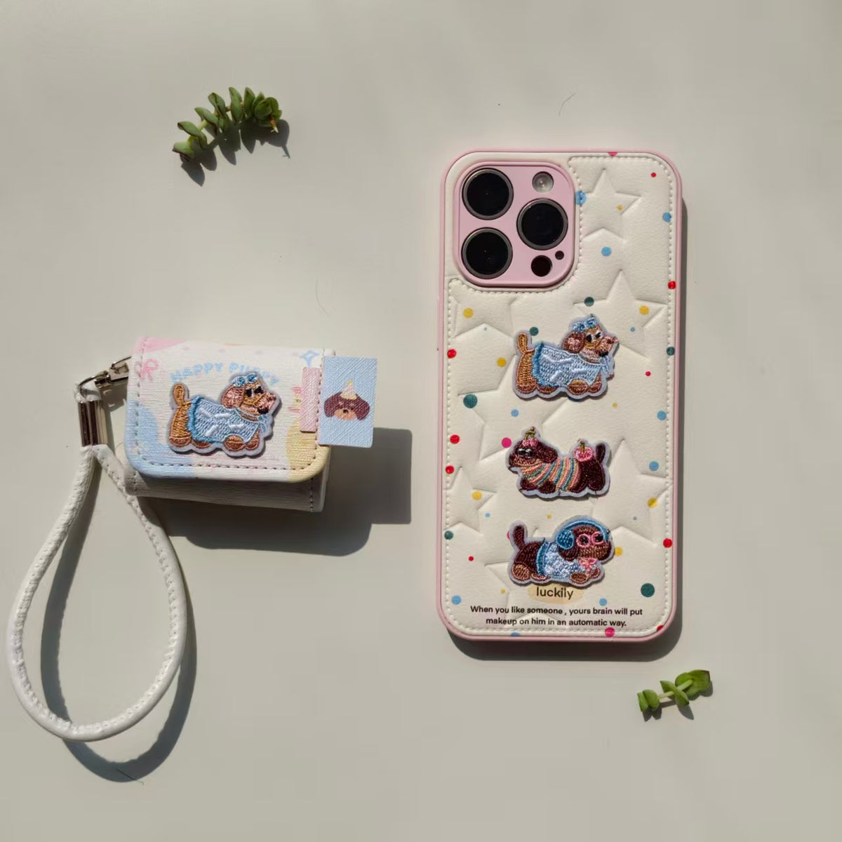 Cute Embroidered Dachshund Leather iPhone Case & AirPods Case Set | 2026 Trending Kawaii Dog Phone Cover for iPhone 12-17 Pro Max | AirPods 1/2/3/Pro | Retro Aesthetic Wristlet Strap