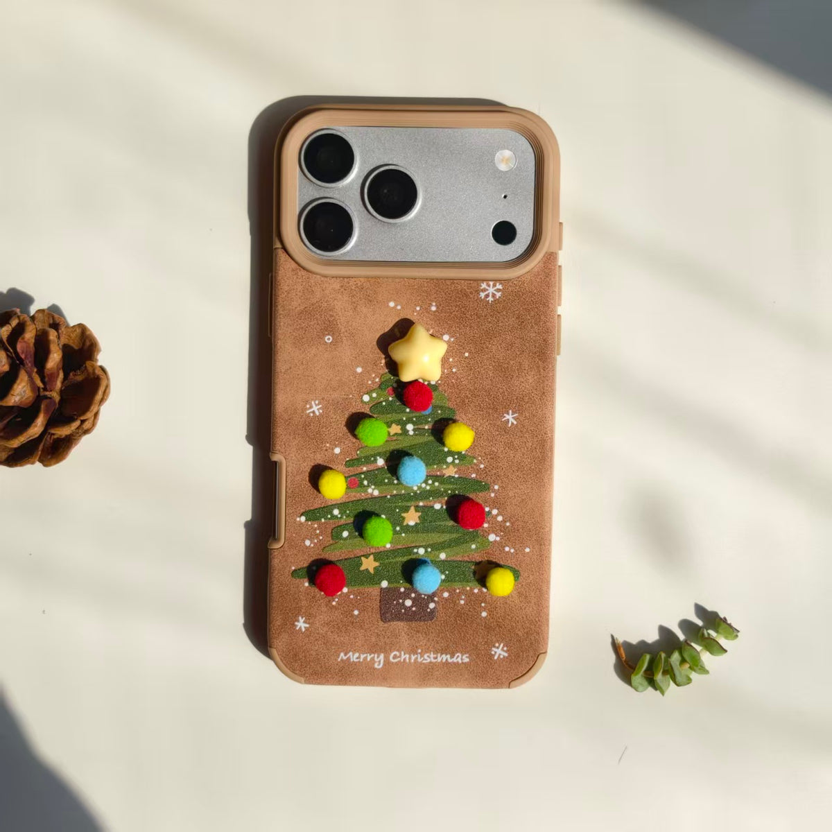 Vintage Christmas Tree Leather iPhone Case with Pom Poms | Cute 3D Star Cover | Compatible with iPhone 12-17 Pro Max | 2026 Trending Holiday Aesthetic