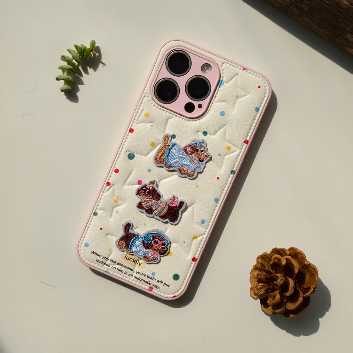 Cute Embroidered Dachshund Leather iPhone Case & AirPods Case Set | 2026 Trending Kawaii Dog Phone Cover for iPhone 12-17 Pro Max | AirPods 1/2/3/Pro | Retro Aesthetic Wristlet Strap