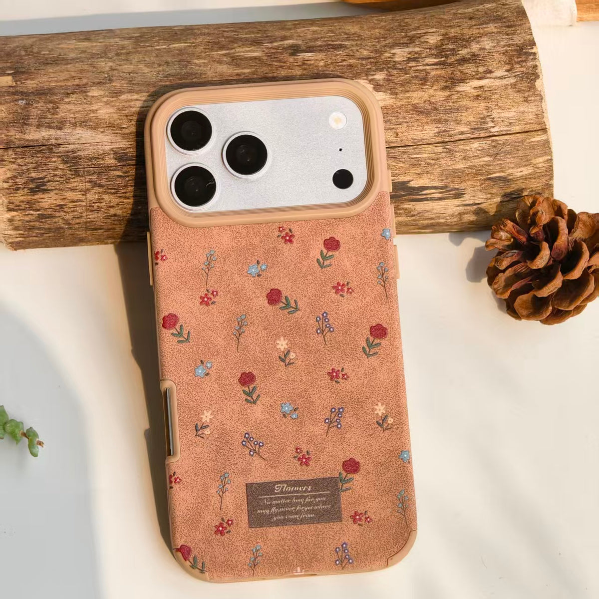 Cute Floral PU Leather iPhone Case – Vintage Aesthetic Faux Leather Phone Case, Soft Protective Cover for iPhone 14 15 16 Pro Max, Retro Flower Pattern Case