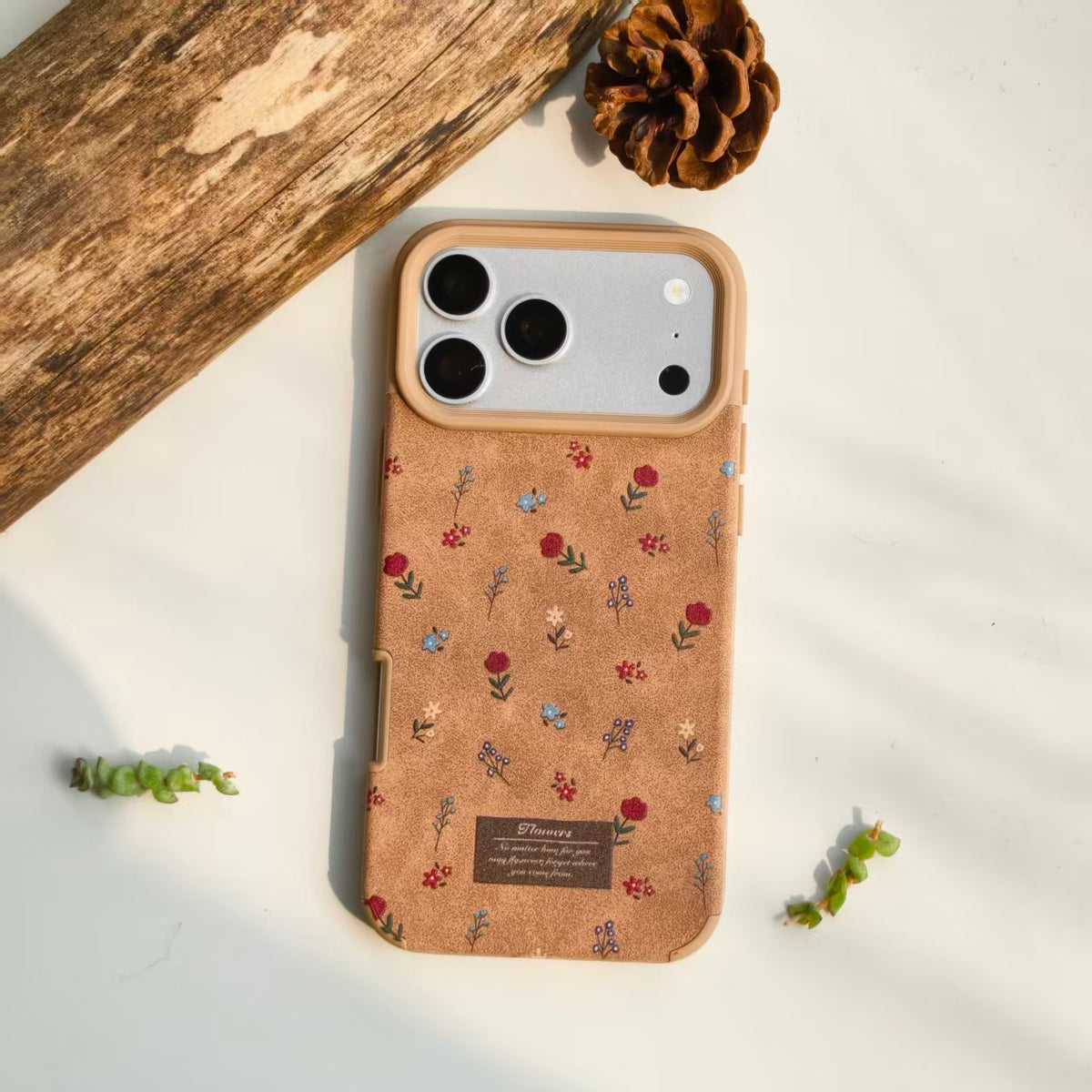 Cute Floral PU Leather iPhone Case – Vintage Aesthetic Faux Leather Phone Case, Soft Protective Cover for iPhone 14 15 16 Pro Max, Retro Flower Pattern Case