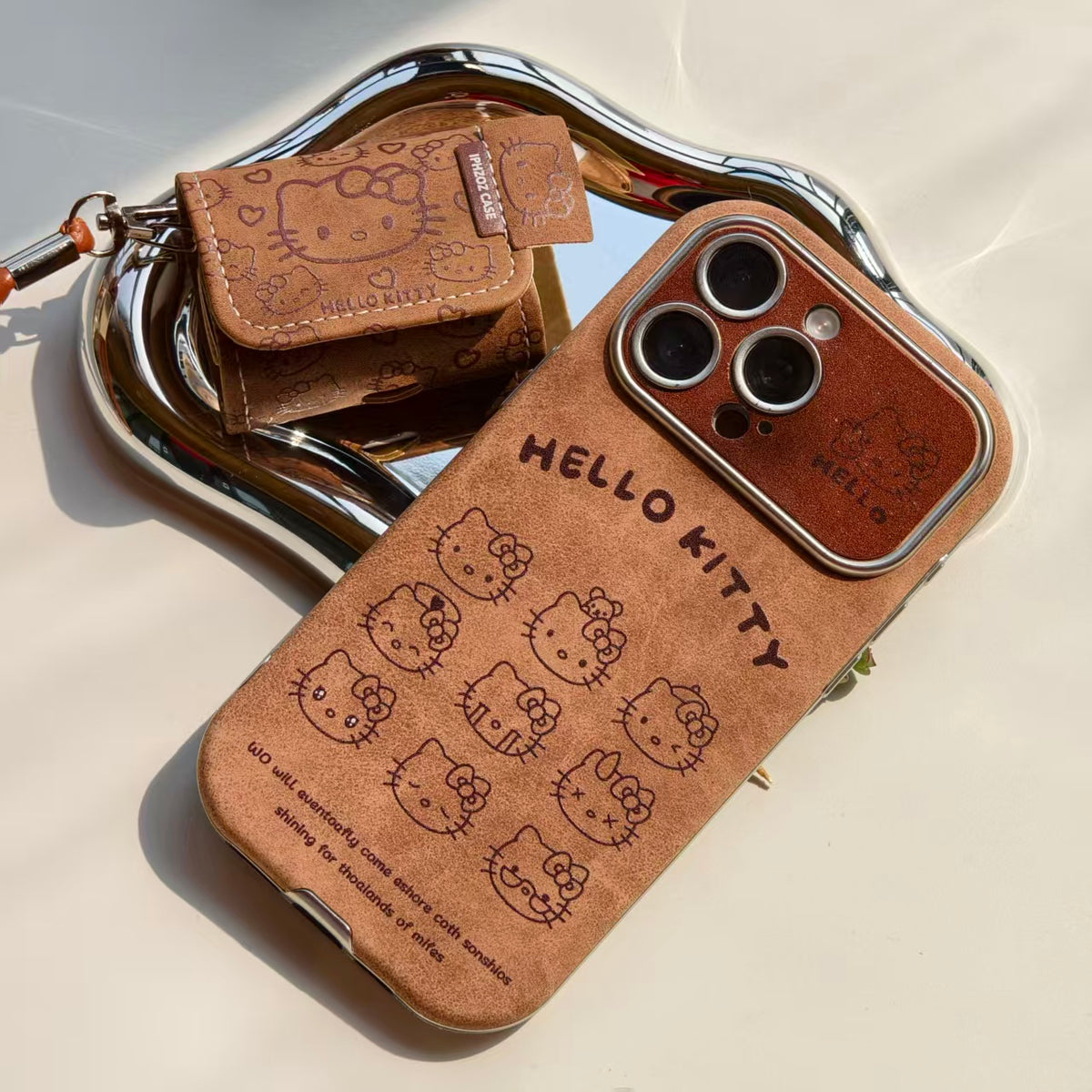 Vintage Hello Kitty Leather iPhone Case & AirPods Case Set | 2026 Trending Retro Kawaii Phone Cover for iPhone 12-17 Pro Max | AirPods 1/2/3/Pro | Brown Leather Wristlet Strap
