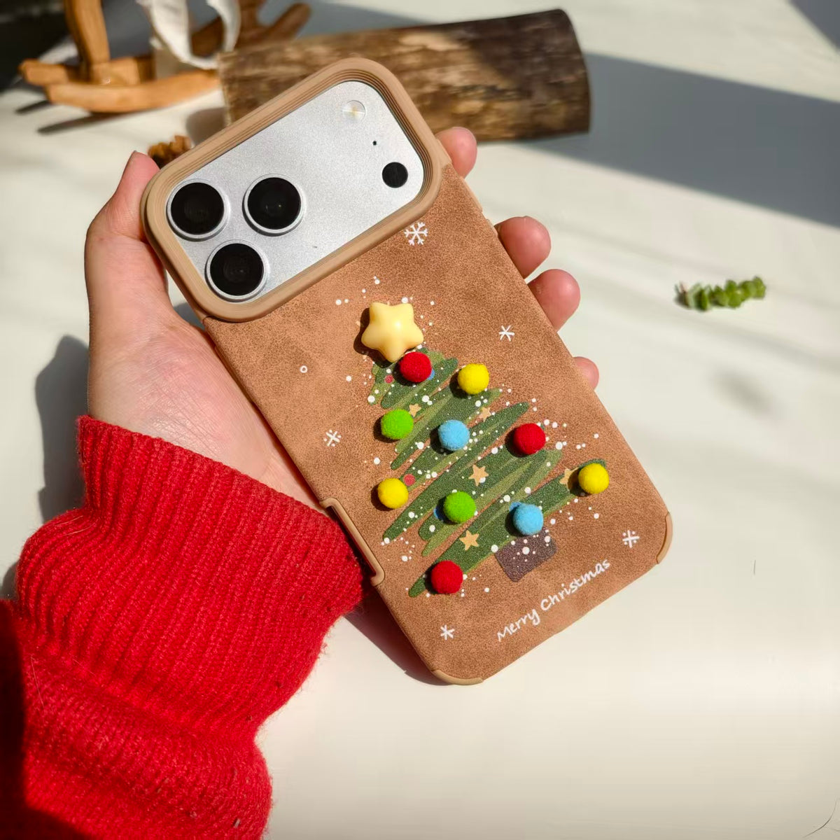 Vintage Christmas Tree Leather iPhone Case with Pom Poms | Cute 3D Star Cover | Compatible with iPhone 12-17 Pro Max | 2026 Trending Holiday Aesthetic