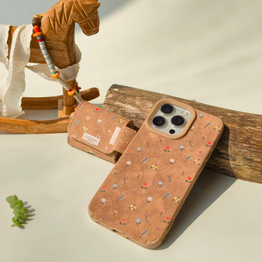 2026 trending vintage floral lambskin leather iPhone case & AirPods case bundle. Soft premium lambskin material, not water-resistant. Fits iPhone 12 to 17 Pro Max & AirPods 1/2/3/Pro. Cute boho retro design with charm.