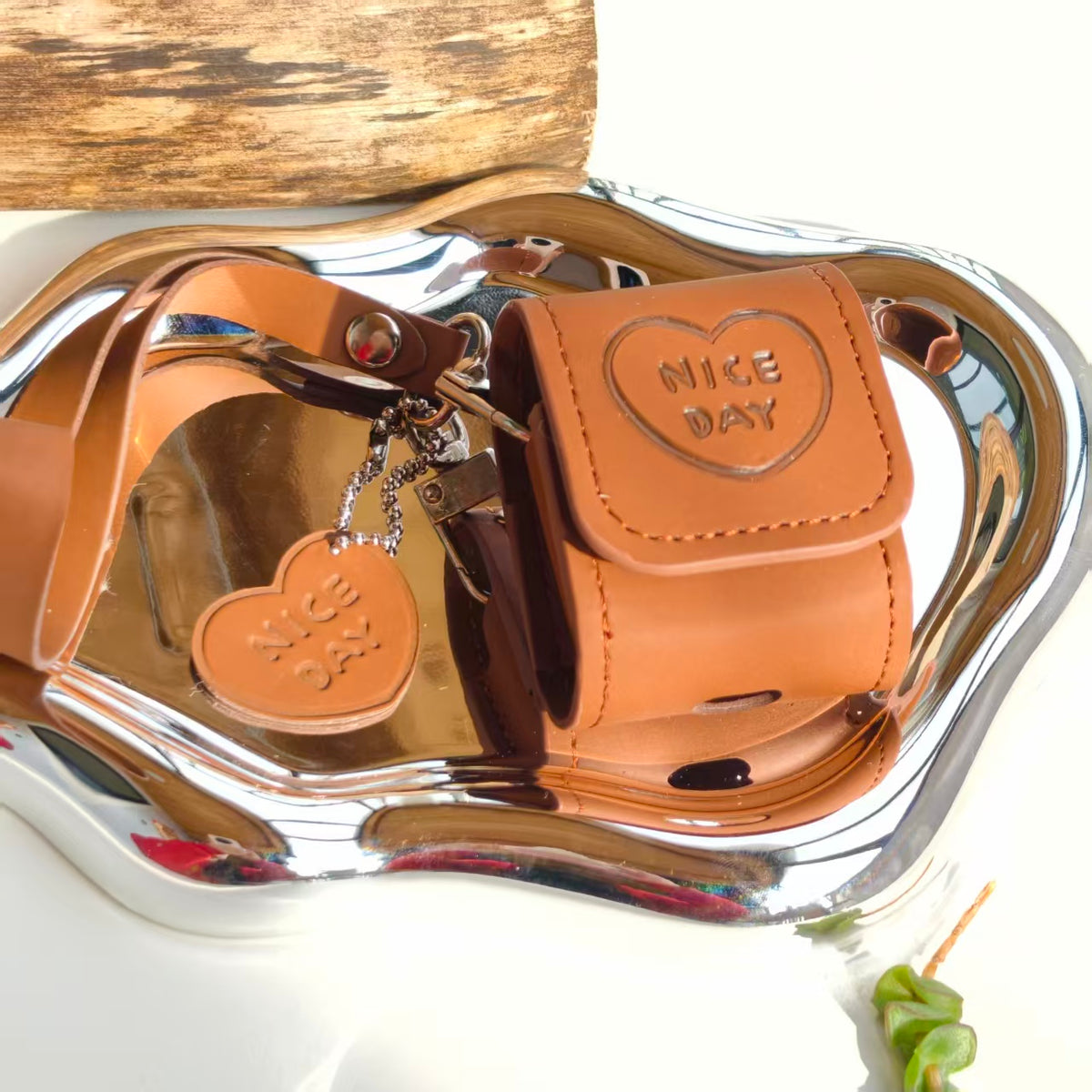Vintage "NICE DAY" Heart Embossed Leather AirPods Case with Wristlet & Charm | Retro Brown Cover | Compatible with AirPods 1/2/3/Pro | 2026 Trending Aesthetic