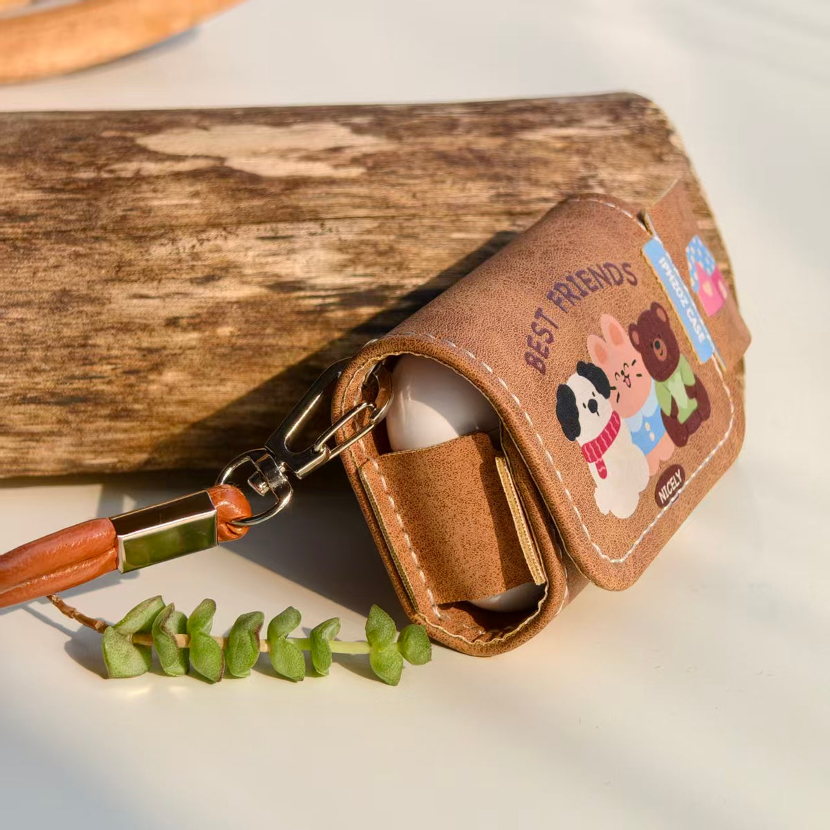 Vintage Best Friends Leather AirPods Case with Wristlet Strap | Cute Dog Bunny Bear Cartoon | Compatible with AirPods 1/2/3/Pro | Retro Aesthetic 2026 Trending