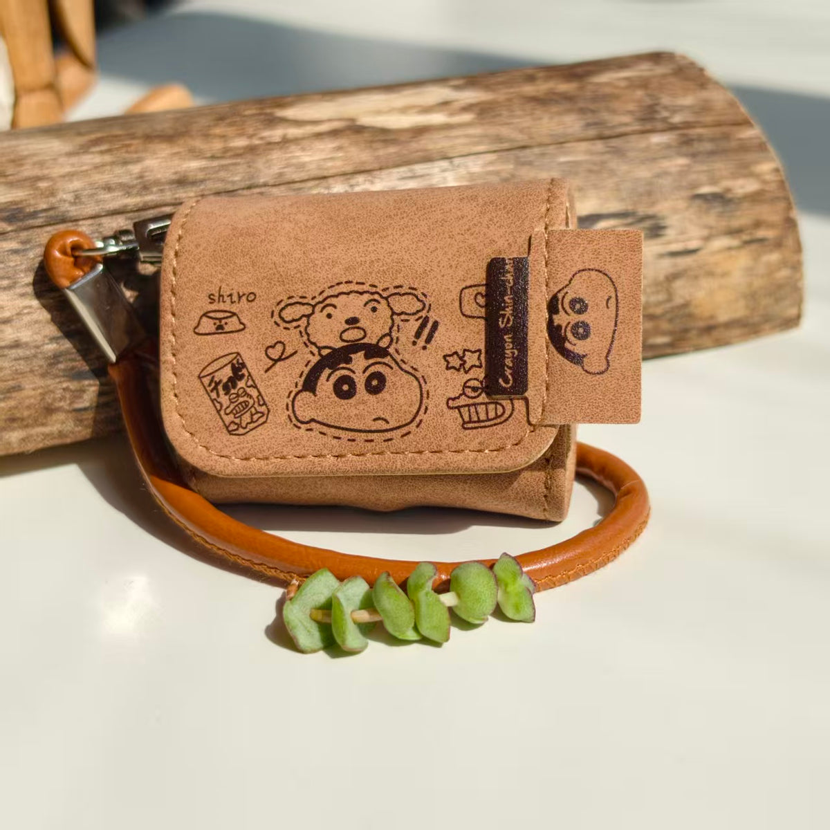 Vintage Crayon Shin-chan Leather AirPods Case with Wristlet Strap | Cute Cartoon Embossed Cover | Compatible with AirPods 1/2/3/Pro | 2026 Trending Retro Aesthetic