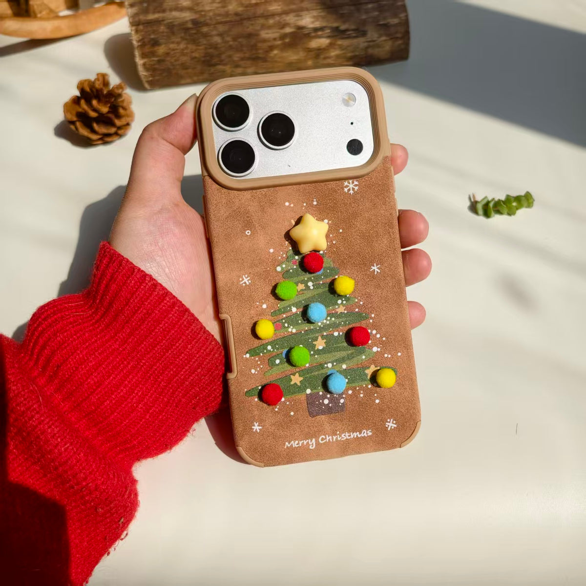 Vintage Christmas Tree Leather iPhone Case with Pom Poms | Cute 3D Star Cover | Compatible with iPhone 12-17 Pro Max | 2026 Trending Holiday Aesthetic