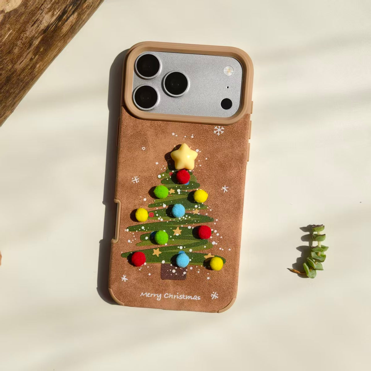 Vintage Christmas Tree Leather iPhone Case with Pom Poms | Cute 3D Star Cover | Compatible with iPhone 12-17 Pro Max | 2026 Trending Holiday Aesthetic