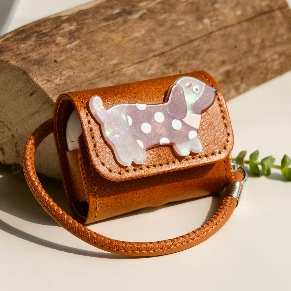 Vintage Polka Dot Dachshund Leather AirPods Case with Wristlet Strap | Cute Iridescent Dog Cover | Compatible with AirPods 1/2/3/Pro | 2026 Trending Retro Aesthetic