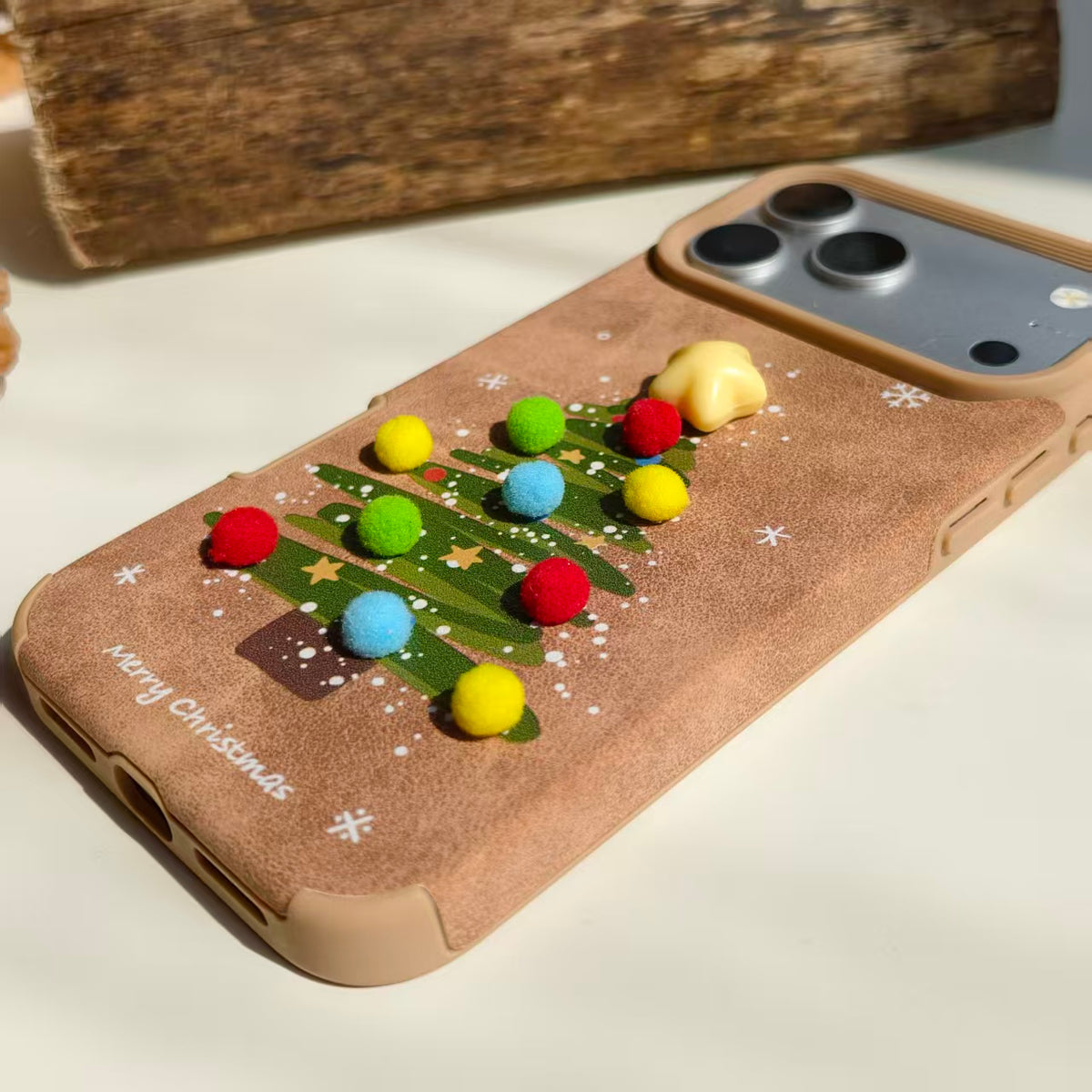 Vintage Christmas Tree Leather iPhone Case with Pom Poms | Cute 3D Star Cover | Compatible with iPhone 12-17 Pro Max | 2026 Trending Holiday Aesthetic