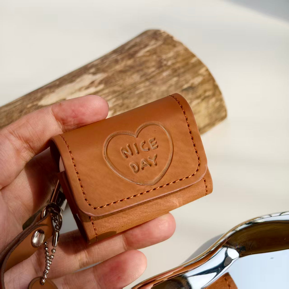 Vintage "NICE DAY" Heart Embossed Leather AirPods Case with Wristlet & Charm | Retro Brown Cover | Compatible with AirPods 1/2/3/Pro | 2026 Trending Aesthetic