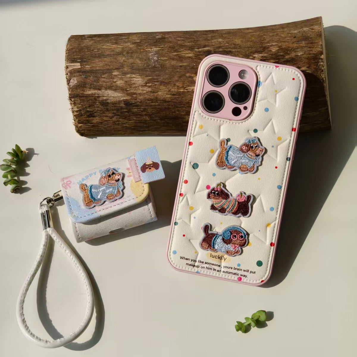 Cute Embroidered Dachshund Leather iPhone Case & AirPods Case Set | 2026 Trending Kawaii Dog Phone Cover for iPhone 12-17 Pro Max | AirPods 1/2/3/Pro | Retro Aesthetic Wristlet Strap