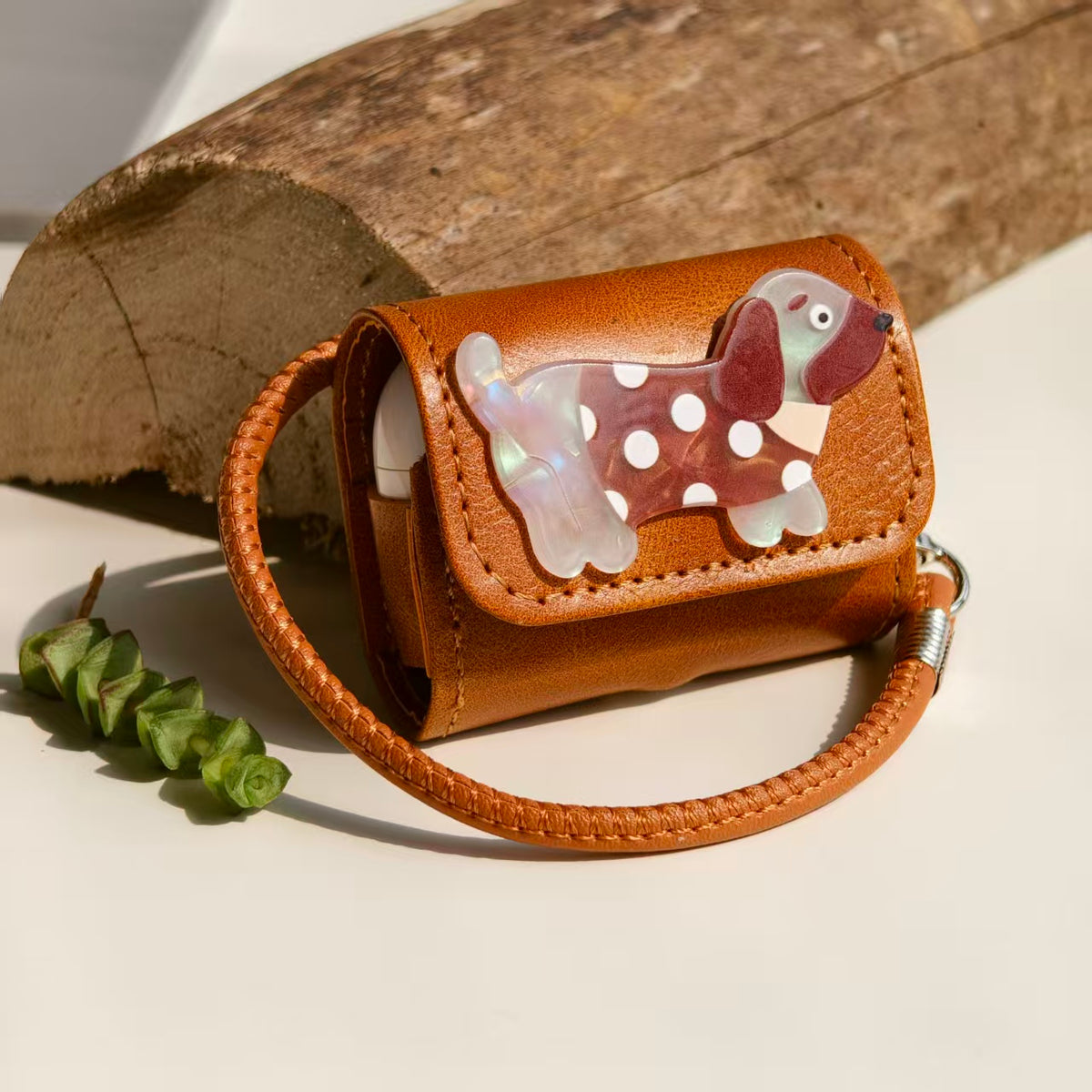 Vintage Polka Dot Dachshund Leather AirPods Case with Wristlet Strap | Cute Iridescent Dog Cover | Compatible with AirPods 1/2/3/Pro | 2026 Trending Retro Aesthetic
