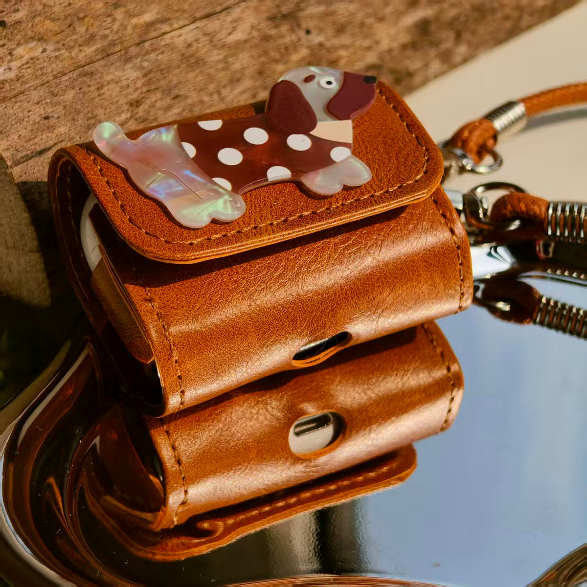 Vintage Polka Dot Dachshund Leather AirPods Case with Wristlet Strap | Cute Iridescent Dog Cover | Compatible with AirPods 1/2/3/Pro | 2026 Trending Retro Aesthetic