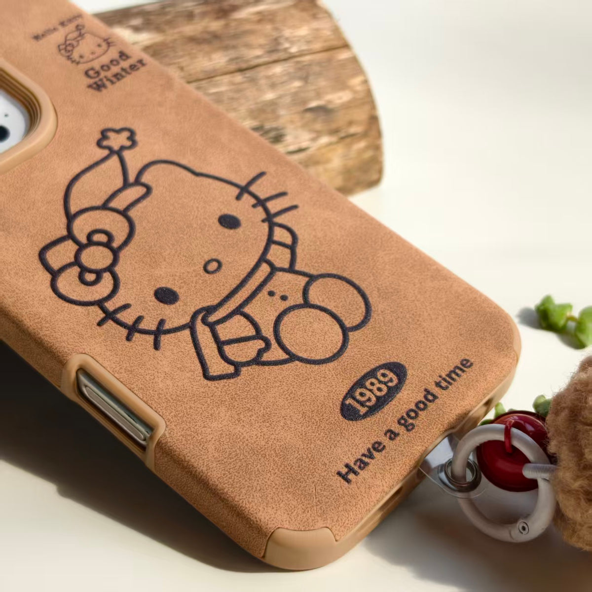 Vintage Hello Kitty Leather iPhone Case & AirPods Case Set with Pom Pom Charm | 2026 Trending Retro Kawaii Winter Accessory | Fits iPhone 12-17 Pro Max & AirPods 1/2/3/Pro