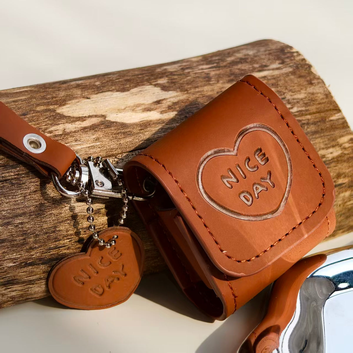 Vintage "NICE DAY" Heart Embossed Leather AirPods Case with Wristlet & Charm | Retro Brown Cover | Compatible with AirPods 1/2/3/Pro | 2026 Trending Aesthetic