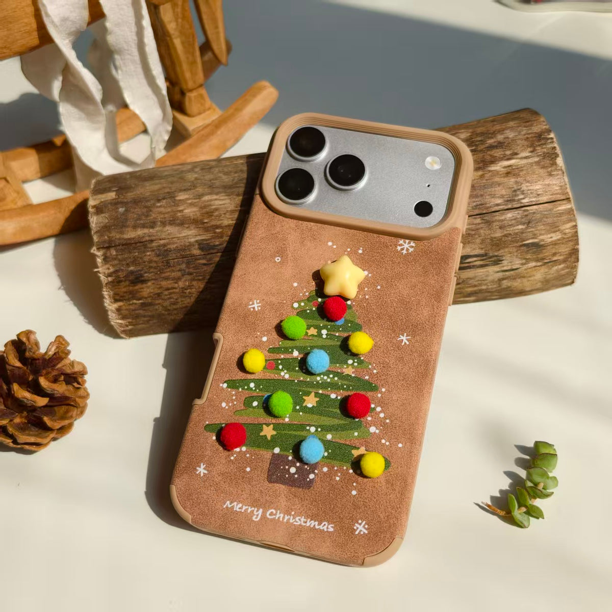 Vintage Christmas Tree Leather iPhone Case with Pom Poms | Cute 3D Star Cover | Compatible with iPhone 12-17 Pro Max | 2026 Trending Holiday Aesthetic