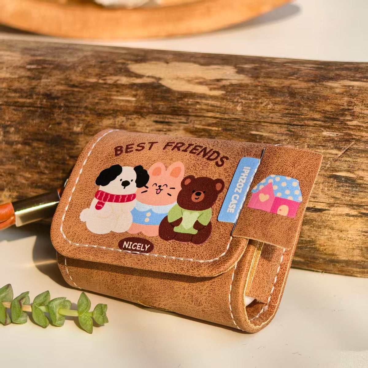 Vintage Best Friends Leather AirPods Case with Wristlet Strap | Cute Dog Bunny Bear Cartoon | Compatible with AirPods 1/2/3/Pro | Retro Aesthetic 2026 Trending