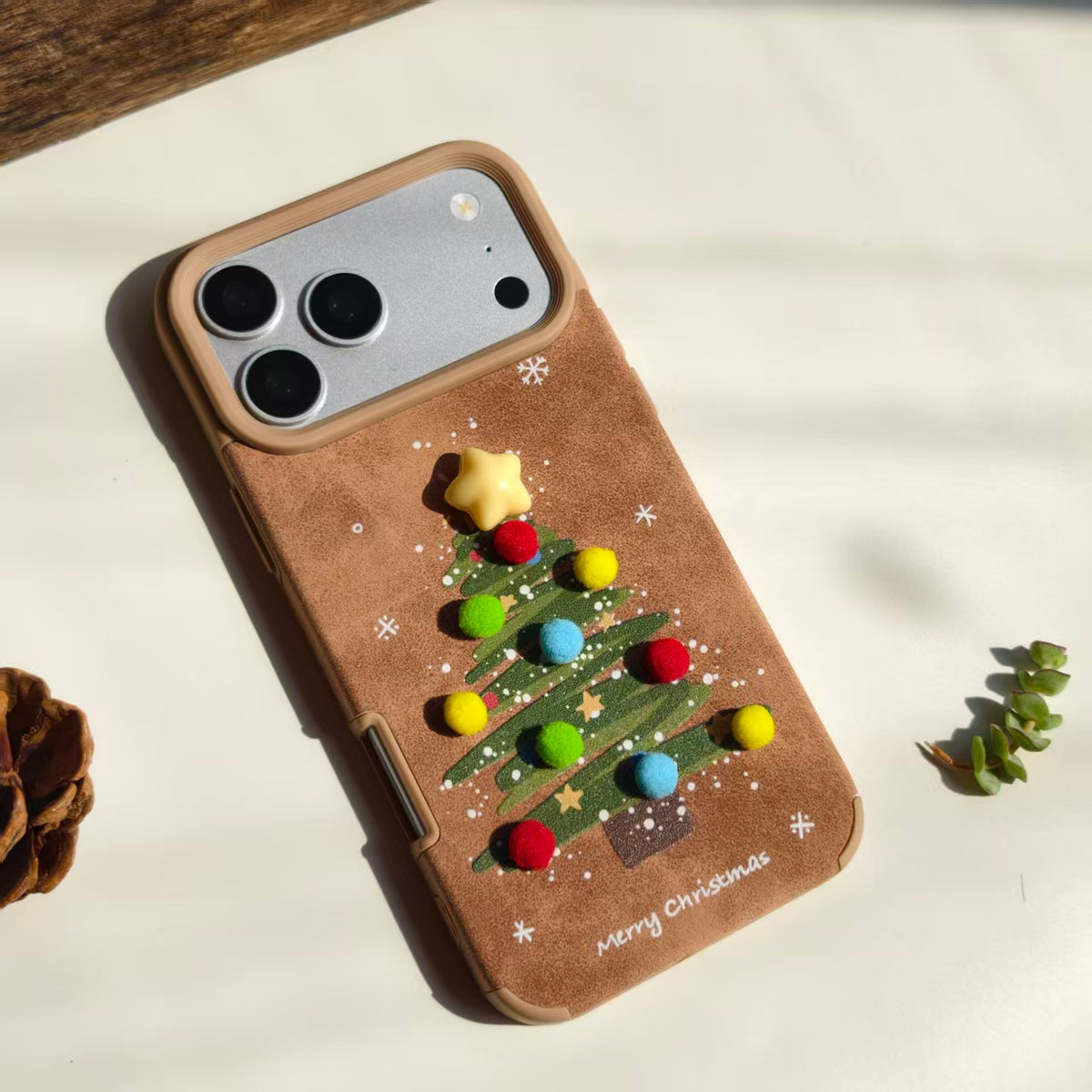 Vintage Christmas Tree Leather iPhone Case with Pom Poms | Cute 3D Star Cover | Compatible with iPhone 12-17 Pro Max | 2026 Trending Holiday Aesthetic