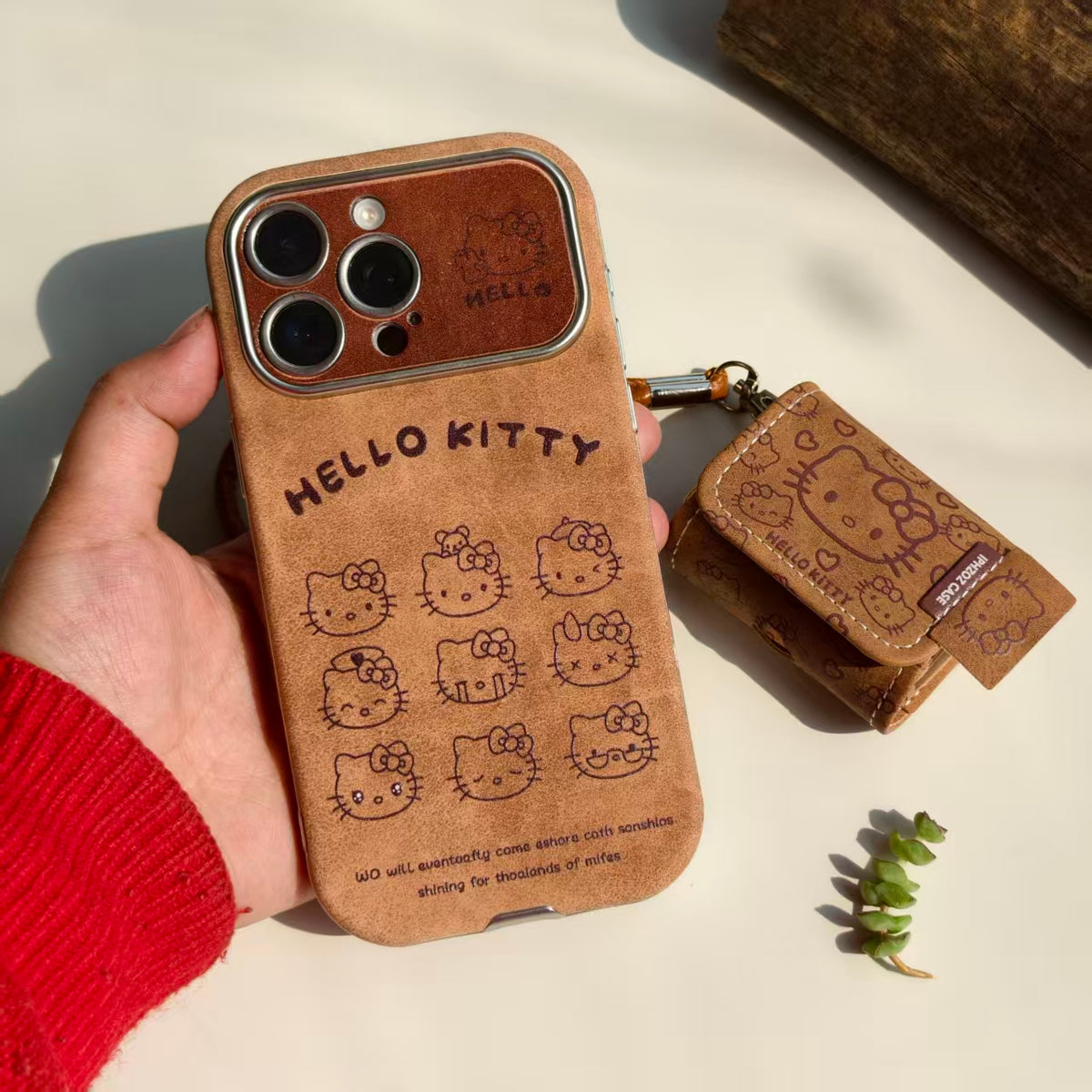 Vintage Hello Kitty Leather iPhone Case & AirPods Case Set | 2026 Trending Retro Kawaii Phone Cover for iPhone 12-17 Pro Max | AirPods 1/2/3/Pro | Brown Leather Wristlet Strap