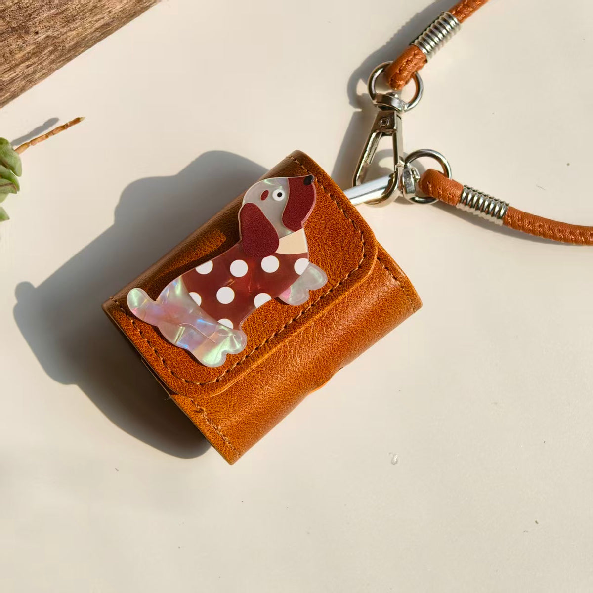 Vintage Polka Dot Dachshund Leather AirPods Case with Wristlet Strap | Cute Iridescent Dog Cover | Compatible with AirPods 1/2/3/Pro | 2026 Trending Retro Aesthetic