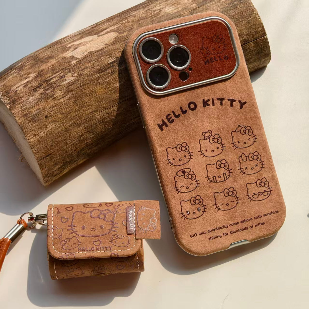Vintage Hello Kitty Leather iPhone Case & AirPods Case Set | 2026 Trending Retro Kawaii Phone Cover for iPhone 12-17 Pro Max | AirPods 1/2/3/Pro | Brown Leather Wristlet Strap