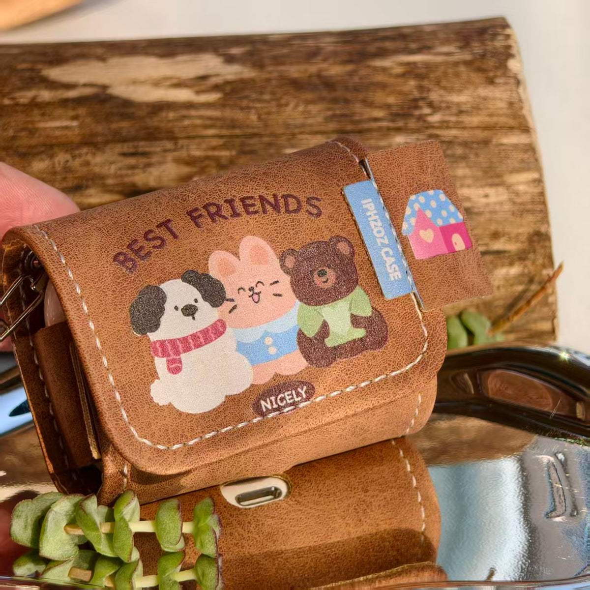 Vintage Best Friends Leather AirPods Case with Wristlet Strap | Cute Dog Bunny Bear Cartoon | Compatible with AirPods 1/2/3/Pro | Retro Aesthetic 2026 Trending