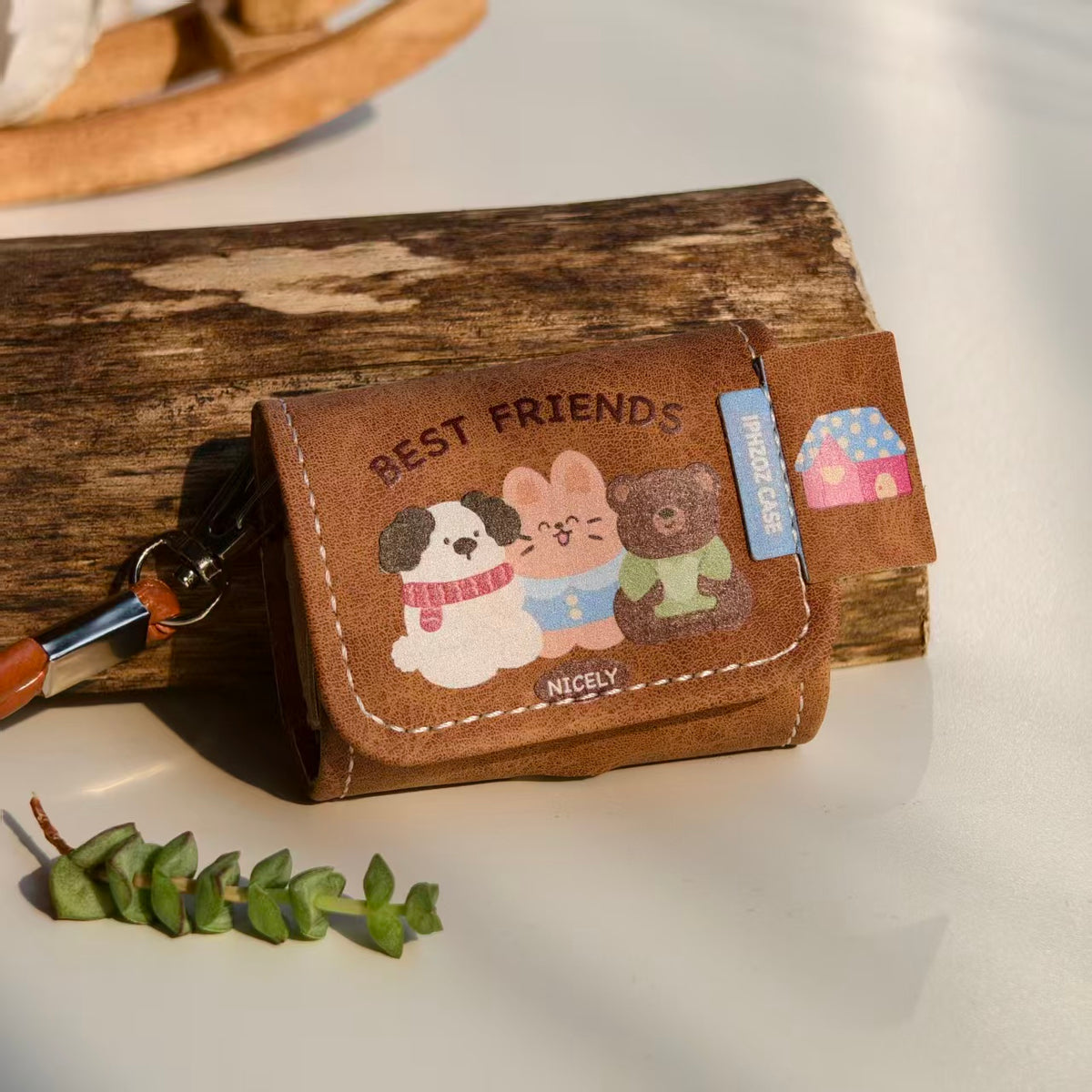 Vintage Best Friends Leather AirPods Case with Wristlet Strap | Cute Dog Bunny Bear Cartoon | Compatible with AirPods 1/2/3/Pro | Retro Aesthetic 2026 Trending