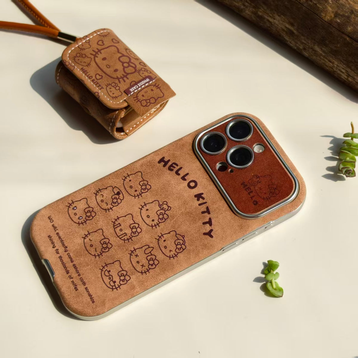 Vintage Hello Kitty Leather iPhone Case & AirPods Case Set | 2026 Trending Retro Kawaii Phone Cover for iPhone 12-17 Pro Max | AirPods 1/2/3/Pro | Brown Leather Wristlet Strap