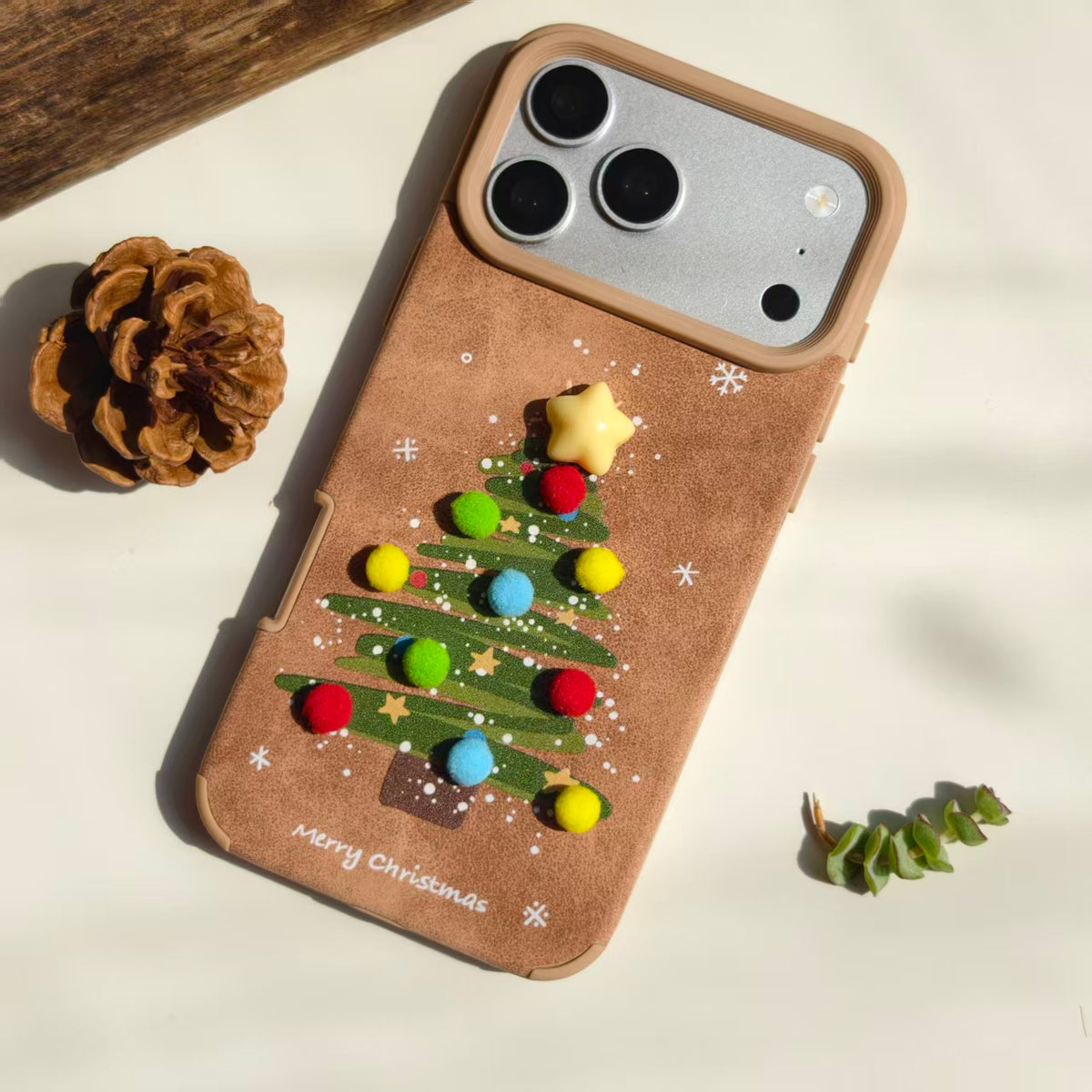 Vintage Christmas Tree Leather iPhone Case with Pom Poms | Cute 3D Star Cover | Compatible with iPhone 12-17 Pro Max | 2026 Trending Holiday Aesthetic