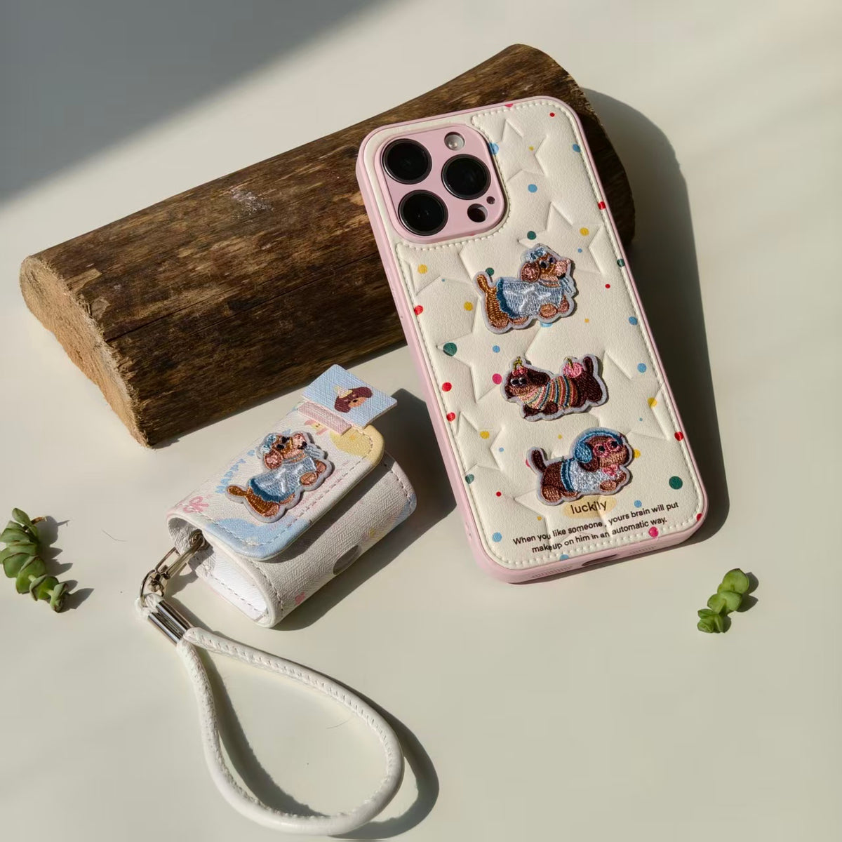 Cute Embroidered Dachshund Leather iPhone Case & AirPods Case Set | 2026 Trending Kawaii Dog Phone Cover for iPhone 12-17 Pro Max | AirPods 1/2/3/Pro | Retro Aesthetic Wristlet Strap