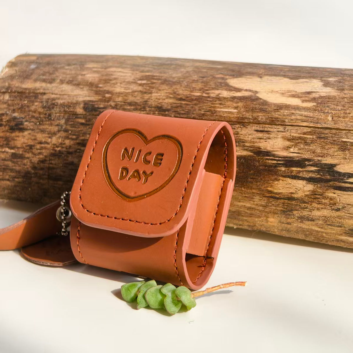 Vintage "NICE DAY" Heart Embossed Leather AirPods Case with Wristlet & Charm | Retro Brown Cover | Compatible with AirPods 1/2/3/Pro | 2026 Trending Aesthetic