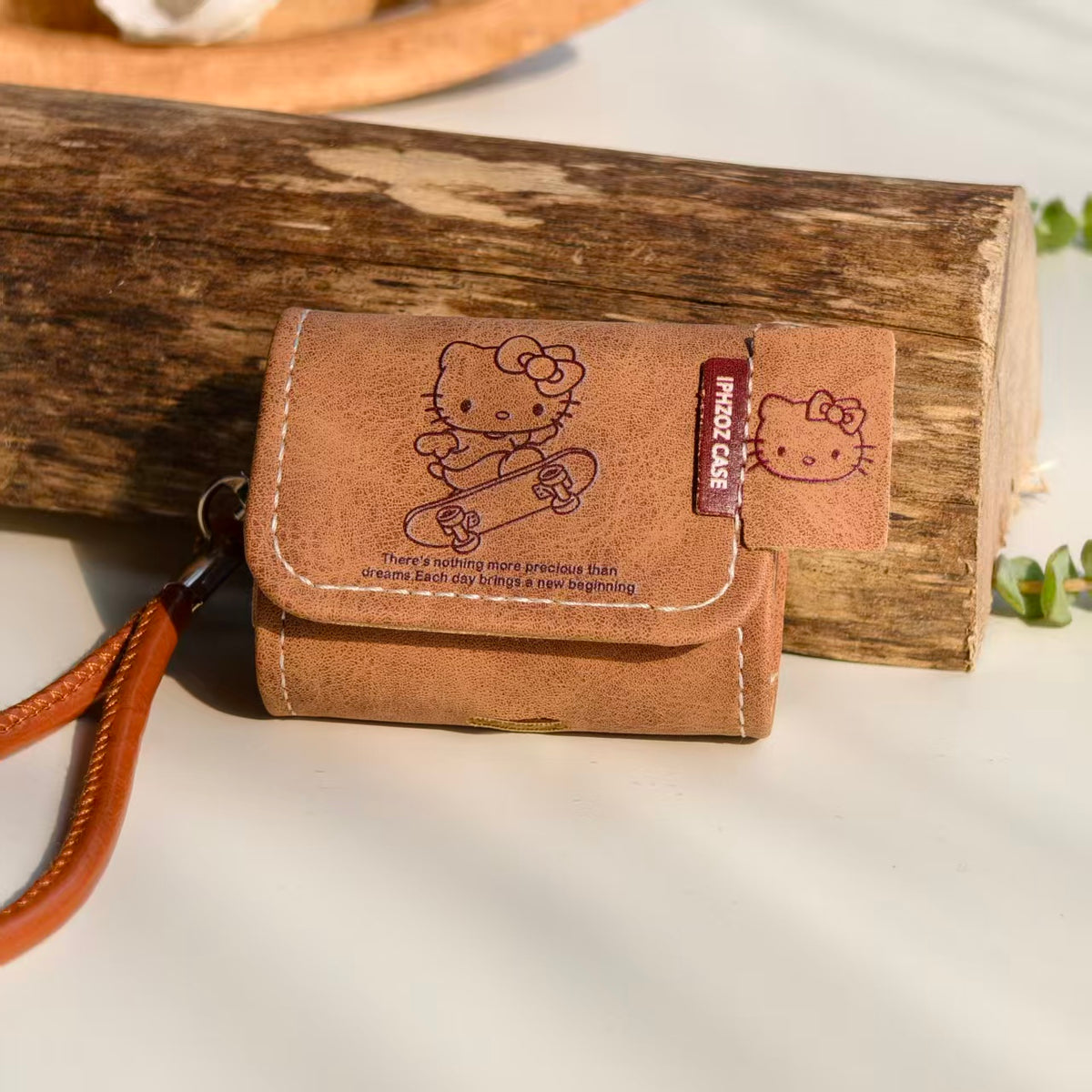 Vintage Skateboard Hello Kitty Leather AirPods Case with Wristlet Strap | Cute Retro Cartoon Cover | Compatible with AirPods 1/2/3/Pro | 2026 Trending Kawaii Accessory