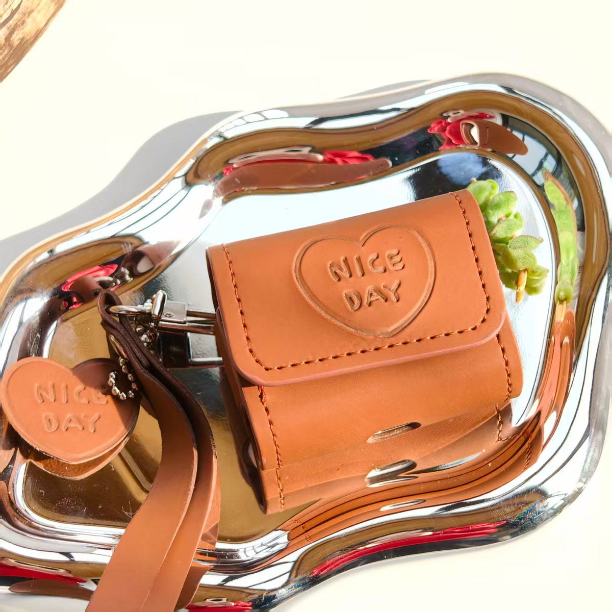 Vintage "NICE DAY" Heart Embossed Leather AirPods Case with Wristlet & Charm | Retro Brown Cover | Compatible with AirPods 1/2/3/Pro | 2026 Trending Aesthetic