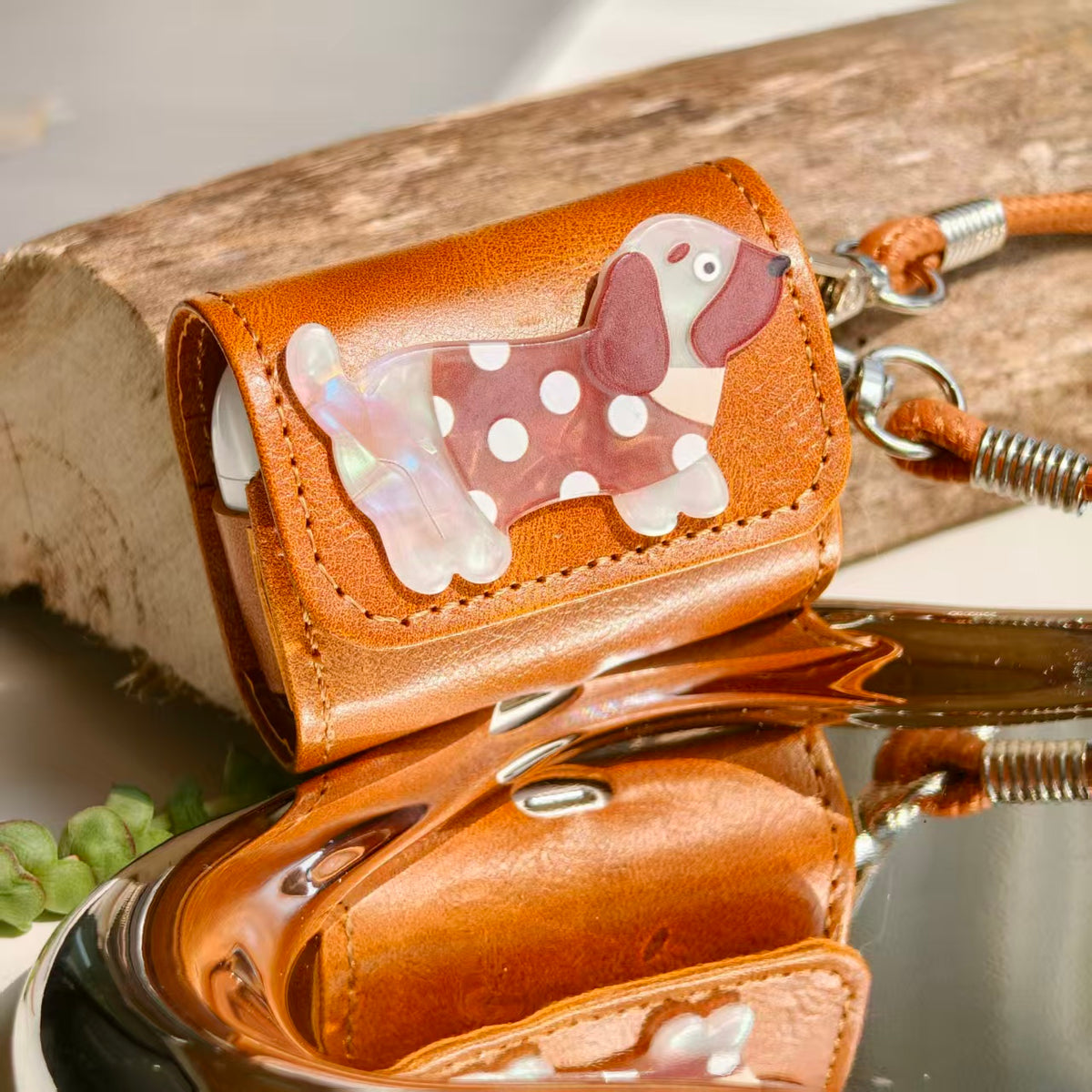Vintage Polka Dot Dachshund Leather AirPods Case with Wristlet Strap | Cute Iridescent Dog Cover | Compatible with AirPods 1/2/3/Pro | 2026 Trending Retro Aesthetic