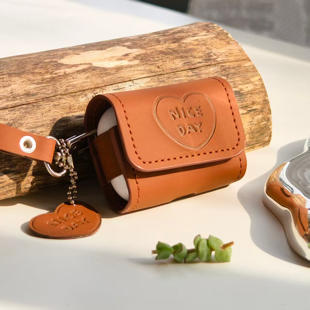 Vintage "NICE DAY" Heart Embossed Leather AirPods Case with Wristlet & Charm | Retro Brown Cover | Compatible with AirPods 1/2/3/Pro | 2026 Trending Aesthetic