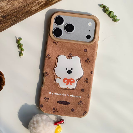 Vintage Floral Leather iPhone Case with 3D White Dog & Pom Pom Bell Charm | Cute Cottagecore Dog Mom Cover | Compatible with iPhone 12-17 Pro Max | 2026 Trending Cozy Aesthetic