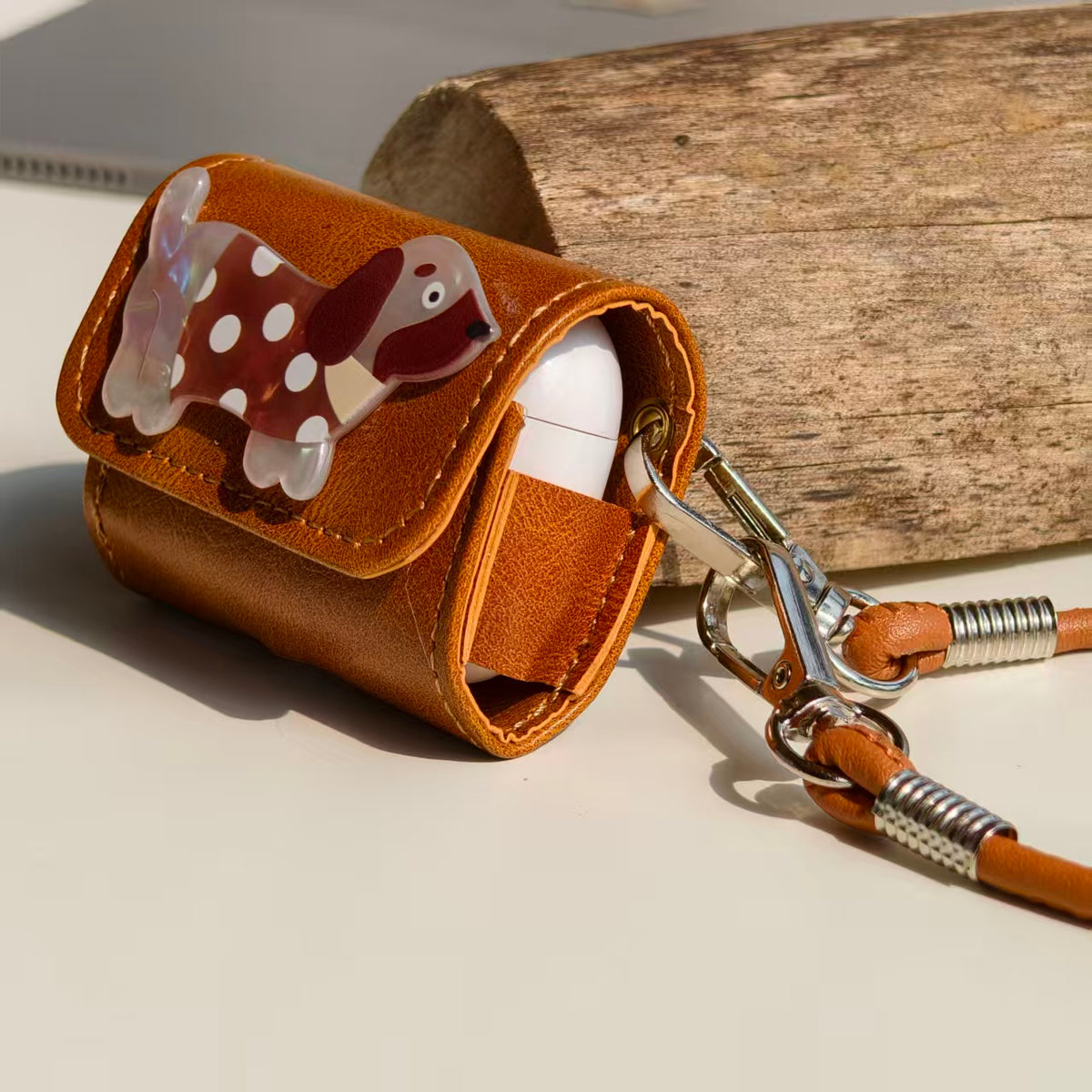 Vintage Polka Dot Dachshund Leather AirPods Case with Wristlet Strap | Cute Iridescent Dog Cover | Compatible with AirPods 1/2/3/Pro | 2026 Trending Retro Aesthetic
