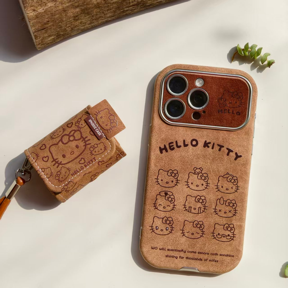 Vintage Hello Kitty Leather iPhone Case & AirPods Case Set | 2026 Trending Retro Kawaii Phone Cover for iPhone 12-17 Pro Max | AirPods 1/2/3/Pro | Brown Leather Wristlet Strap