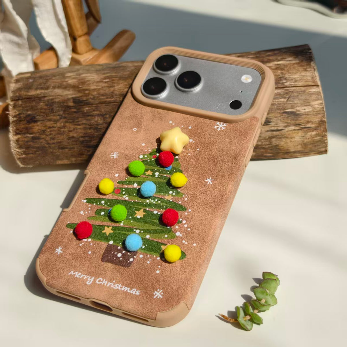 Vintage Christmas Tree Leather iPhone Case with Pom Poms | Cute 3D Star Cover | Compatible with iPhone 12-17 Pro Max | 2026 Trending Holiday Aesthetic