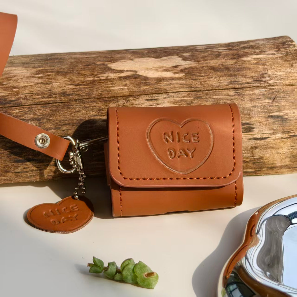 Vintage "NICE DAY" Heart Embossed Leather AirPods Case with Wristlet & Charm | Retro Brown Cover | Compatible with AirPods 1/2/3/Pro | 2026 Trending Aesthetic