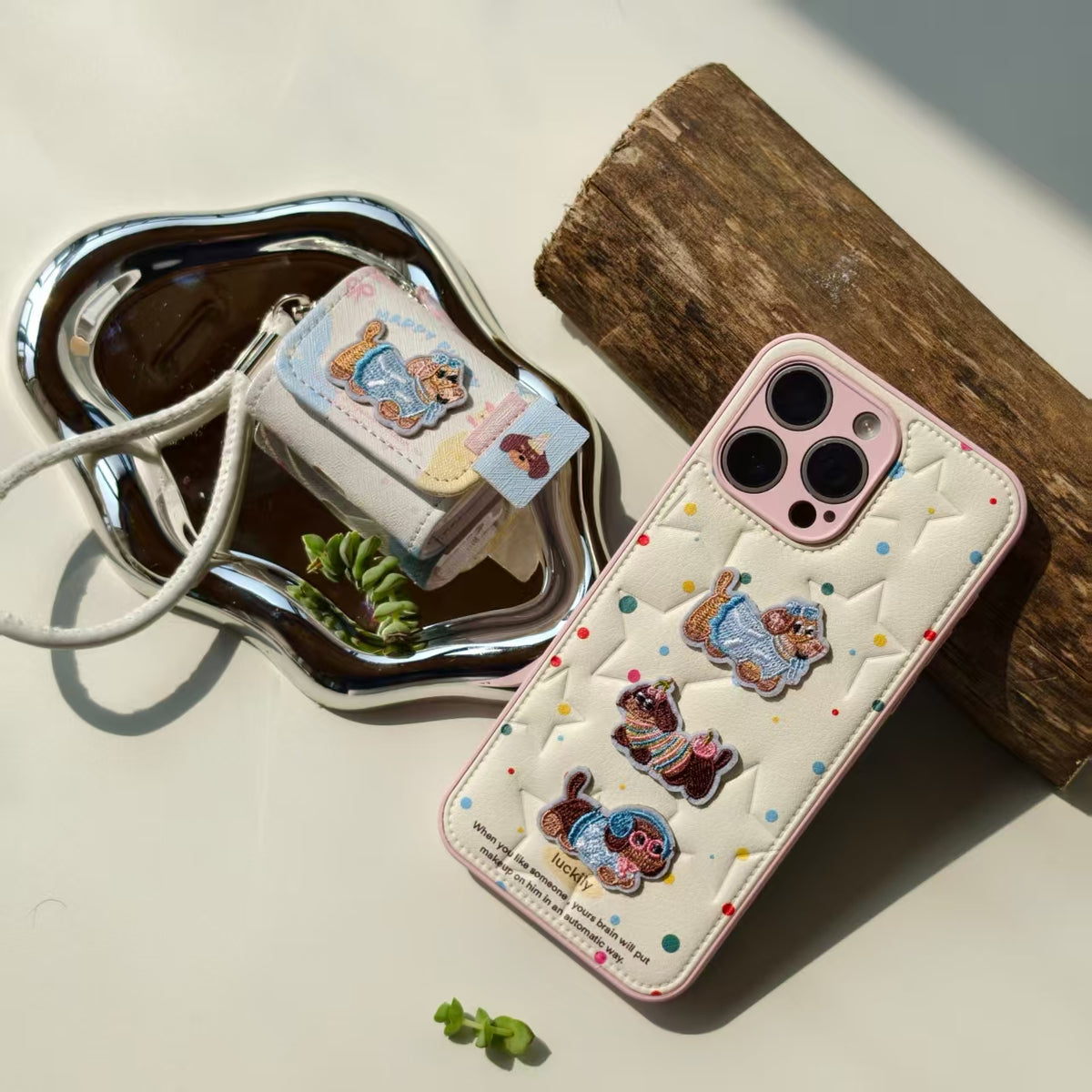 Cute Embroidered Dachshund Leather iPhone Case & AirPods Case Set | 2026 Trending Kawaii Dog Phone Cover for iPhone 12-17 Pro Max | AirPods 1/2/3/Pro | Retro Aesthetic Wristlet Strap