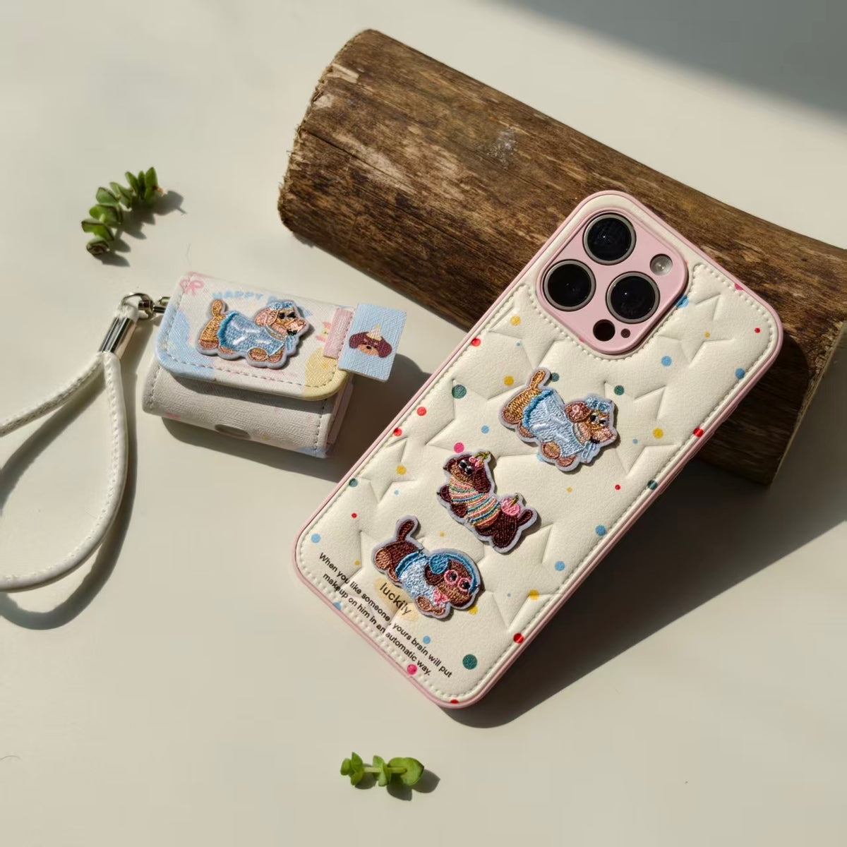 Cute Embroidered Dachshund Leather iPhone Case & AirPods Case Set | 2026 Trending Kawaii Dog Phone Cover for iPhone 12-17 Pro Max | AirPods 1/2/3/Pro | Retro Aesthetic Wristlet Strap