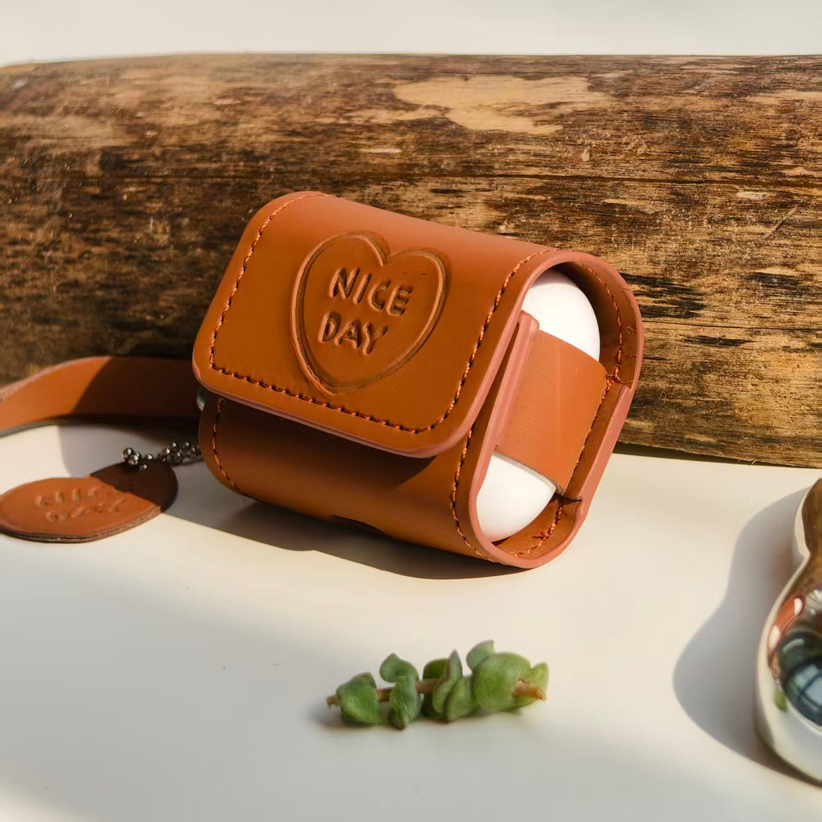 Vintage "NICE DAY" Heart Embossed Leather AirPods Case with Wristlet & Charm | Retro Brown Cover | Compatible with AirPods 1/2/3/Pro | 2026 Trending Aesthetic